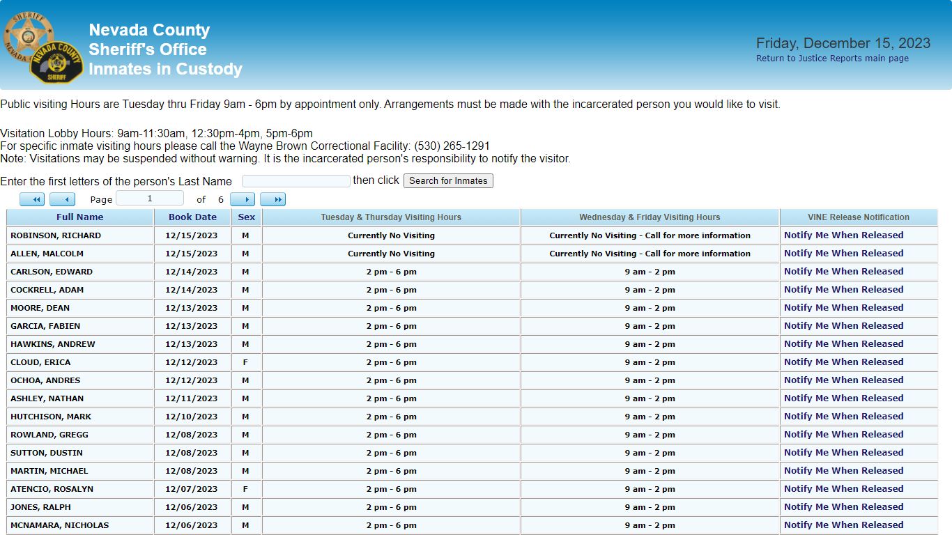 Inmates in Custody - County of Nevada Public Reporting